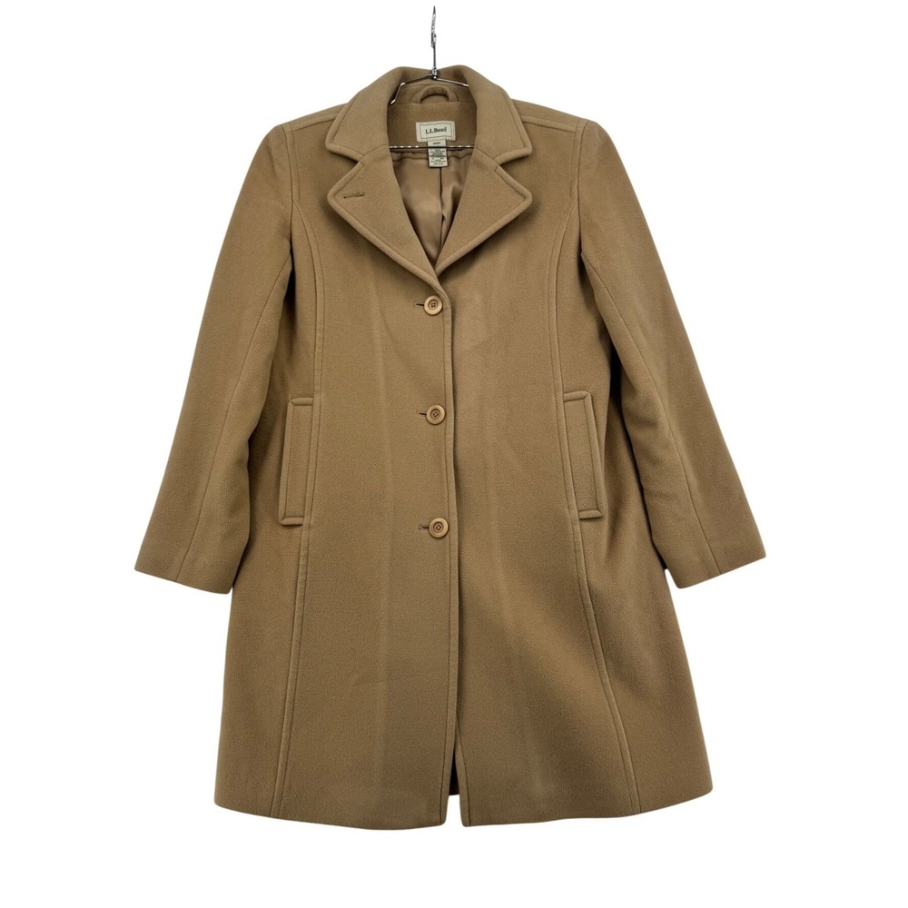 LL Bean Lambswool Coat Womens 12 Tan Excellent Insulated Long Trench Jacket